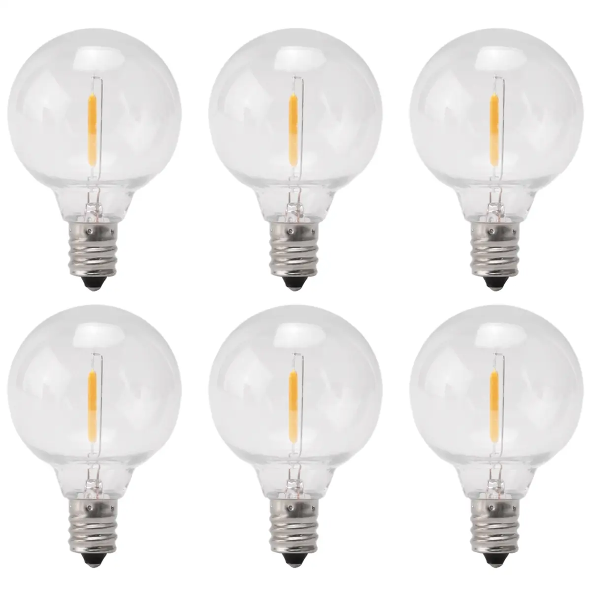 Globe Bulbs, 6-Pack of Transparent Plastic 3V Replacement Lights, High Transmittance for Decorative Chandelier Fixtures, Candelabra Screw Base, Retro, Outdoor, Sconces, String, C7, G40, Shatterproof, Round, E12 Base, Outdoor Safe, Backyard, Vintage