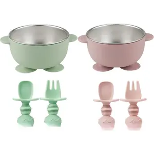 2 Pack Stainless Steel  Suction Bowls & 4 count   Utensils Set, Non-Slip   Bowls with  Sleeve & Anti-Choke Spoon Fork Set for  Led