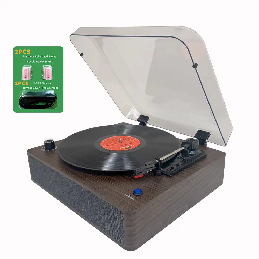 Vintage Walnut Wood Vinyl Record Player Turntable - 3-Speed, Wireless Audio, Built-In Stereo Speakers, Table Mount, 2 Belts, 2 Styli, Ideal Holiday Gift for Music Lovers, Built-In Speakers