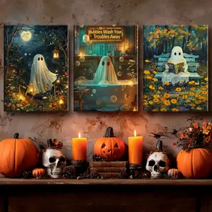 3 Counts Wooden Framed Canvas, Bubble Bath Ghost Poster, Halloween Home Poster, Halloween Party Decorations, Living Room And Bedroom Hanging Paintings, Horror Theme, Interesting Posters, Exquisite Gifts, High-Definition Art