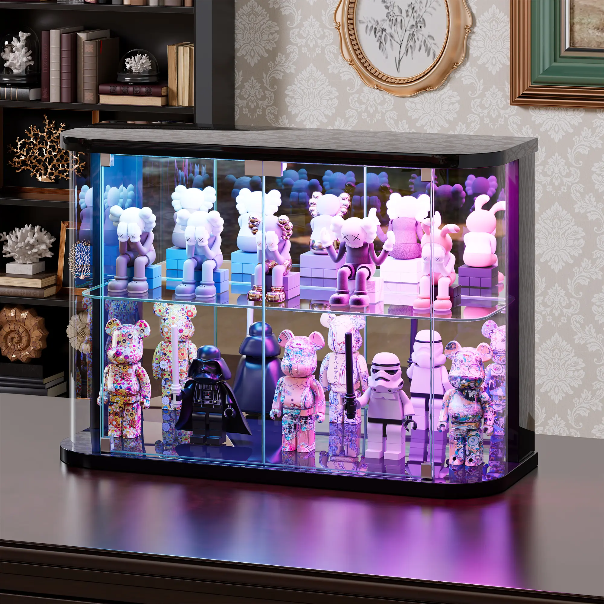 FREDEES Rounded Glass Display Case - for Figures & Collectibles, 2-Tier Curio Display Cabinet with RGB Lights, Small Lighted Display Box with Glass Door, Glass Shelf, Mirror Back