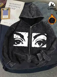 Cotton clothing, fabric, personalized eye pattern print, 1 regular fitted zippered fleece jacket, distressed washed cotton black long-sleeved cardigan hoodie, casual autumn and winter women's clothing outerwear