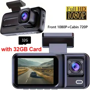 Dual-lens dash cam, Car dashcam, 1080P front + 720P cabin, night vision, loop recording, wide-angle lens, parking monitor (requires hardwire kit), with 32GB memory card, driver assistance features, Requires constant power connection