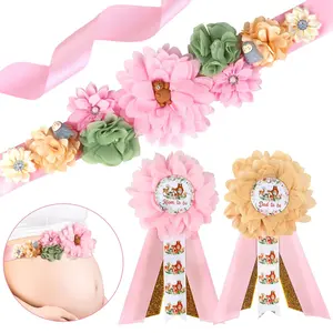 1Set Woodland Animal Baby Shower Maternity Sash Kit  Pink Woodland Baby Shower Belly Belt and Mom to Be  Dad to Be Corsage Pins New Parents Pregnancy Photo Props Party Supplies