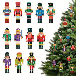 12 Pc Christmas Nutcracker Wooden Hanging Ornaments 12 Unique yet Cohesive Designs, Vibrant Colored & Exquisitely Patterned Wood Like Hanging Decorations, Suitable for Christmas Trees, Wall Decor and Gift Tag Accessories