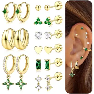 Fansilver Flat Back Earrings for Women 20G Surgical Stainless Steel Cartilage Earring Sets for Multiple Piercing Dainty Small Hoop Flatback Stud Earrings Hypoallergenic Chloe Earring Set Gold-Plated