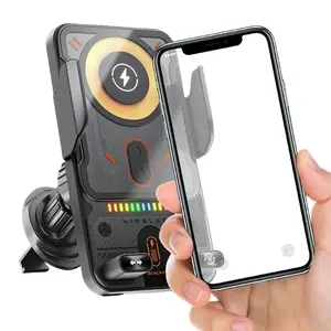 SummerWins car Wireless Car Charger, intelligent sensor opening and closing, universal mobile phone navigation holder, 90-degree rotation, horizontal and vertical screen use, built-in ambient light, Fast Auto Clamping Car Charger Phone Holder Stand