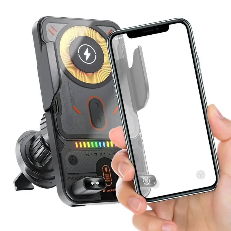 SummerWins car Wireless Car Charger, intelligent sensor opening and closing, universal mobile phone navigation holder, 90-degree rotation, horizontal and vertical screen use, built-in ambient light, Fast Auto Clamping Car Charger Phone Holder Stand
