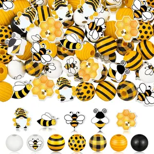 52pcs Mixed Bee Wooden Beads Set, Colorful Painted Honeycomb for Beading Making, DIY Crafts, Party Decorations, Bracelet Accessories, Home Hanging Decoration