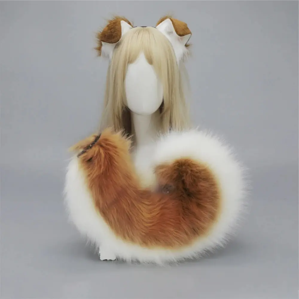 Furry Anime Dog Ear Headband Tail Cartoon Comic-Con Cosplay Accessories Plush Simulation Animal Ears Tail Halloween Costume Prop