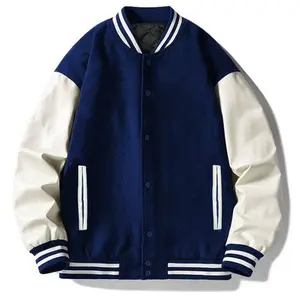 Melton Lettermans Varsity Jacket - Colorblock Striped Solid Fitted Long Sleeve Casual Preppy Sports Autumn Medium Length Padded Quilted Inside