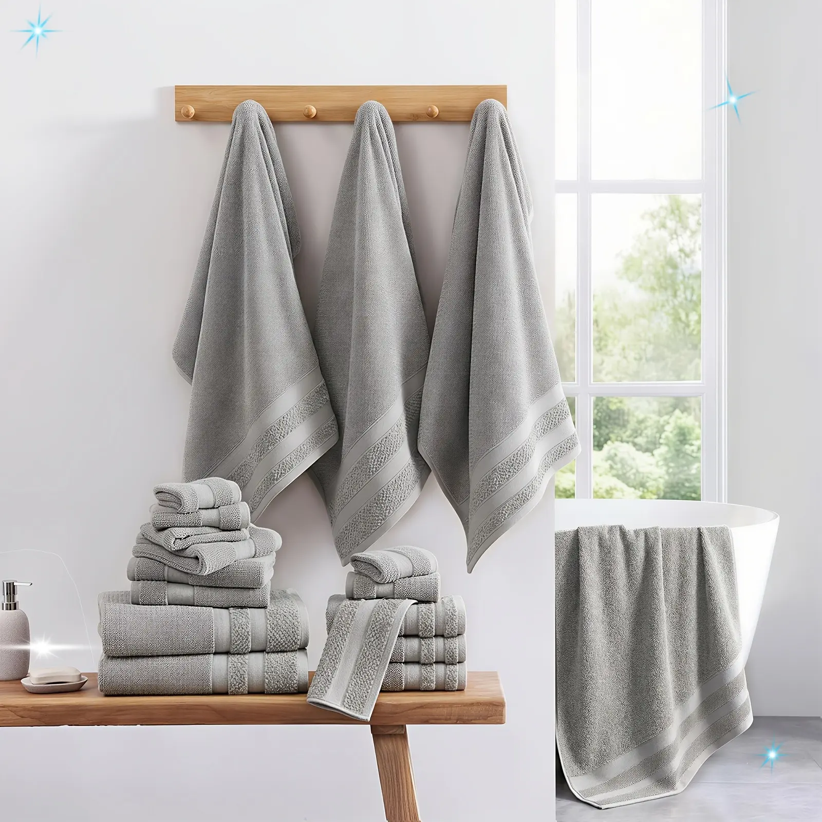 12 Pcs Cotton Towel Set, Hotel‑Quality Thick Bath Towels, Highly Absorbent Quick‑Dry, 4 Bath Towels + 6 Hand Towels + 2 Washcloths, Soft Cotton Towel Kit for Spa Gym Home Bathroom Essentials