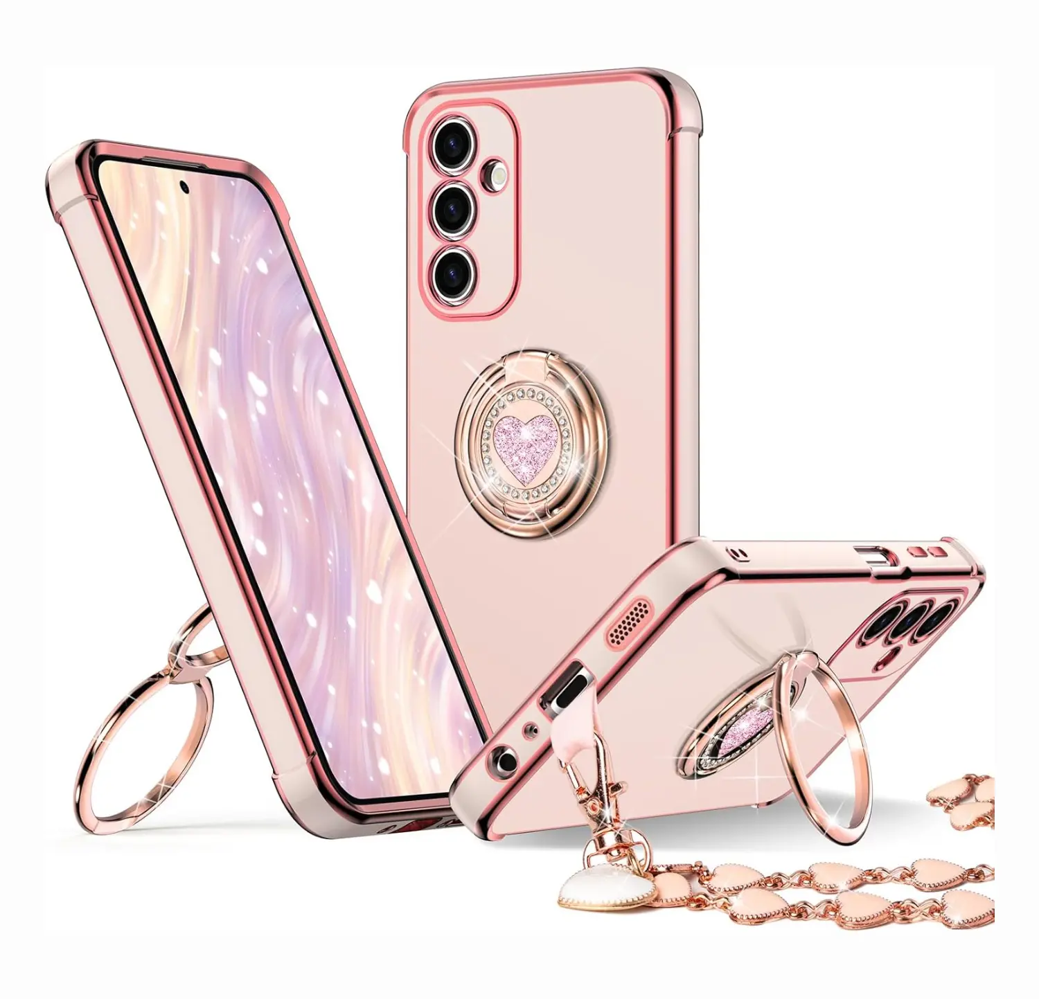XYZ phone case, compatible with Apple and Samsung phones, with a dual-ring stand, shiny luxurious fashionable protective case for women and girls, heart-shaped shockproof case
