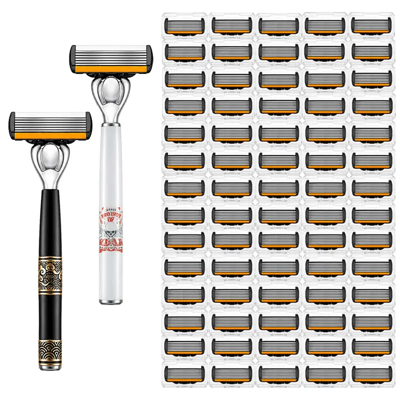 This disposable razor includes 6 layers of high-precision stainless steel blades, features a blade replacement system for 72 blades, and comes with 2 non-slip handles, providing men with a smooth, precise grooming experience.
