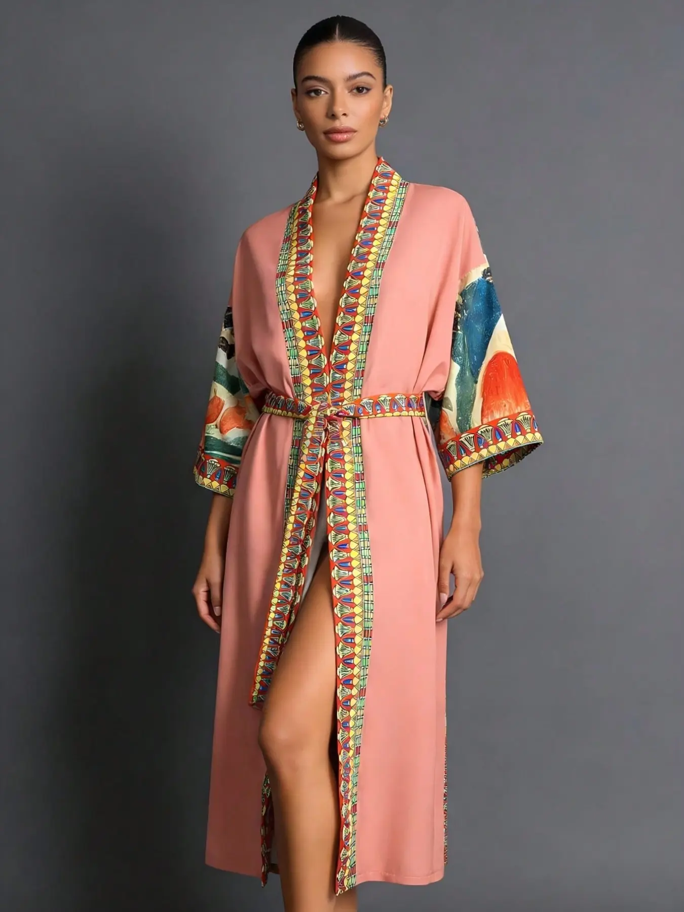 Boho Vintage Floral Print Belted Kimono Cardigan, Long Sleeve Loose Lightweight Thin Coat for Men and Women, Ethnic Beach Vacation Streetwear Womenswear