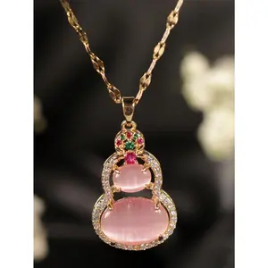 1pc Gold Plated Chain Necklace With Titanium Steel Red, Pink, And Colorful Cat's Eye Stone Gourd Pendant, Suitable For Women's Party Or Couple's Gift