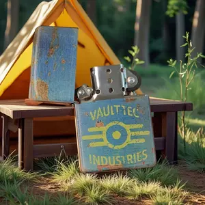 Outdoor Adventure Vintage Style Windproof Lighter - Durable Metal, Stone Age Steel Wheel, Fallout Theme "VAULT TECH INDUSTRIES" Design Ideal for Enthusiasts and Collectors, (Fuel Not Included) No Fuel