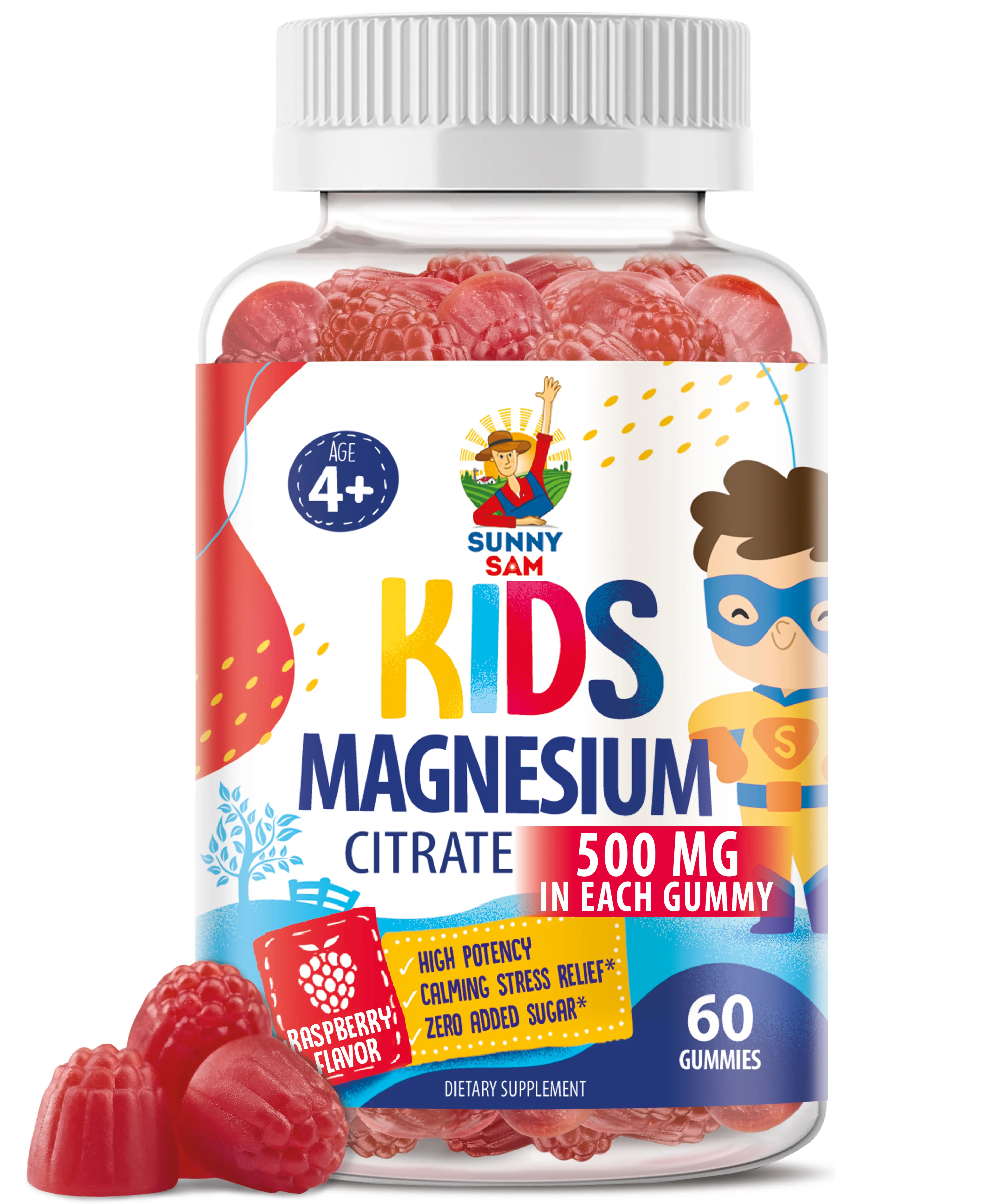 Sunny Sam Sugar-Free Magnesium Gummies for Kids & Teens - 500mg Calm Magnesium Citrate Gummies - Kids Magnesium Gummies - Chewable Magnesium Gummy Supplement for Sleep, Mood & Muscle Support- Raspberry Flavor - Magnesio para Niños Daily Vitamins Healthy I