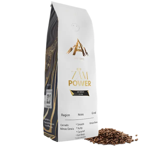 Zam Power Coffee - Refreshing Brazilian Coffee Blend with Caramel Notes & Nutty Taste - Dark Roast Whole Bean for Energy Boost - Sustainable & Ethical Farming Practices