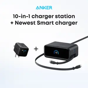 Anker Nano Charging Station( 2.3 ft Anker InstaCord Retractable Cable, 3 USB-C, 1 USB-A, 3 AC) + Anker Smart Display Charger ( Built-In Care Mode, Compact with 180° Foldable Plug)