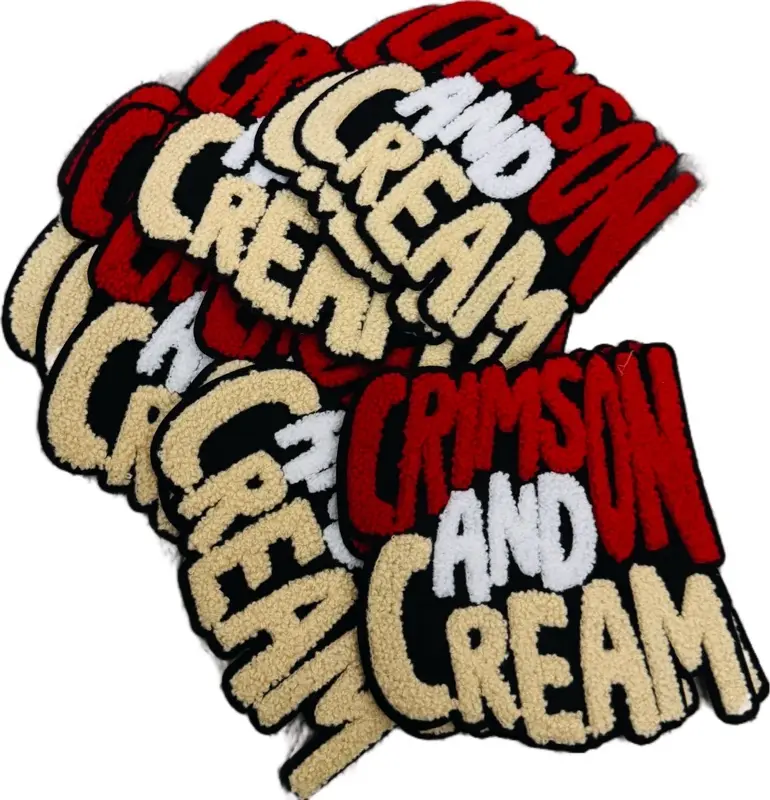 Crimson and Cream Chenille Patch Fabric Applique - Varsity-Style Iron-On Sewing Accessory, Soft High-Quality Texture, Cursive Lettering for Jackets, Backpacks