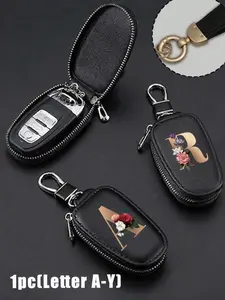 Zippered Key Holder, Car Key Protector - Red Flower With Gold Letters (A-Y), Pu Imitation Leather Organizer, Key Holder For Car, Home, And Office - Ideal For Valentine'S Day - Unisex Design, Travel Accessory, Jewelry, Car Key Bag