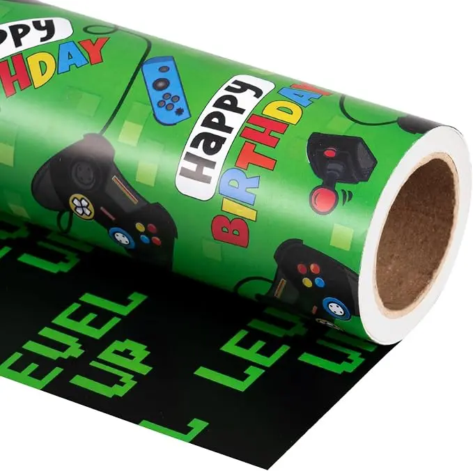 WRAPAHOLIC Gaming Birthday Wrapping Paper Roll, Gamer Controller & Level Up Design Gift Wrap for Boys, Video Game Lovers, Birthday Gifts, Baby Shower & Party Celebrations,17 Inch x 16.5 Feet