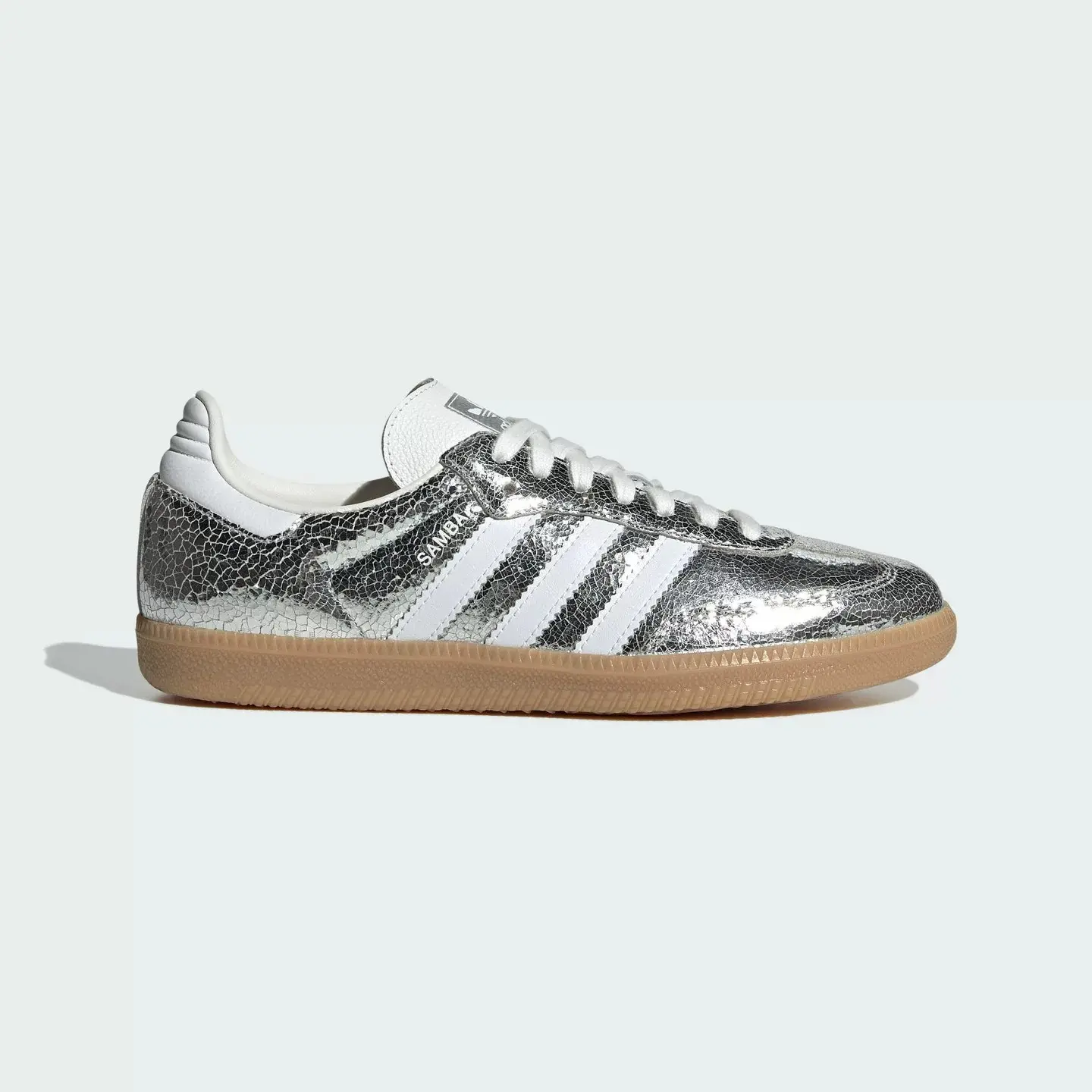 Adidas Samba OG Silver Metallic Cracked Leather Women's Sneaker JR0035, 100% Authenticity Guaranteed Comfortable Fit Fashion Shoe for Everyday Wear Unisex Chunky, Sneakers Trainers, Trendy Walking Sneaker