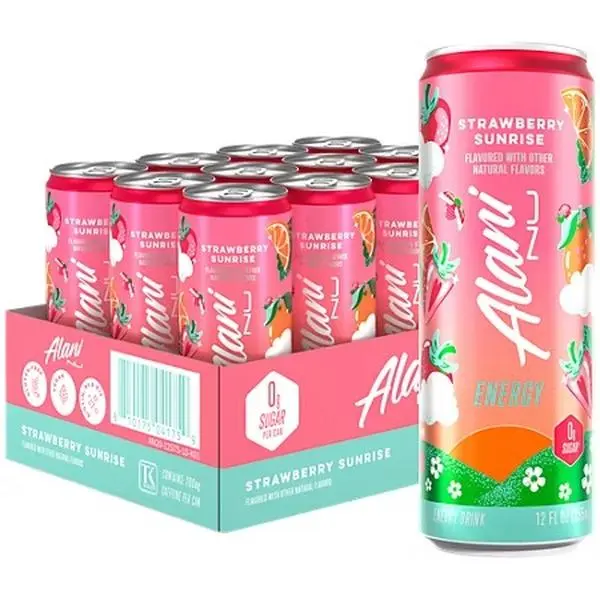Alani Nu Natural Vegan Sugar-Free Sports Energy Drink with Biotin - Strawberry Sunrise Flavor, 12-Pack of 12 fl oz Drinks for Adults, Energy Drinks