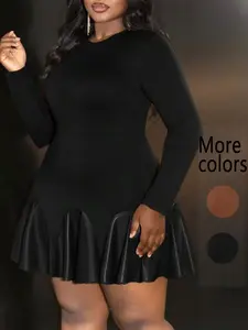 【Plus Size】1 Piece Plus Size Black Long Sleeve Dress with Faux Leather Ruffle Hem, Elegant Party Style, Bodycon Fit & Contrast Detail, Highlights Curves Gracefully, Suitable for Plus Size Women's Evening Events, Cocktail Parties & Special Occasions