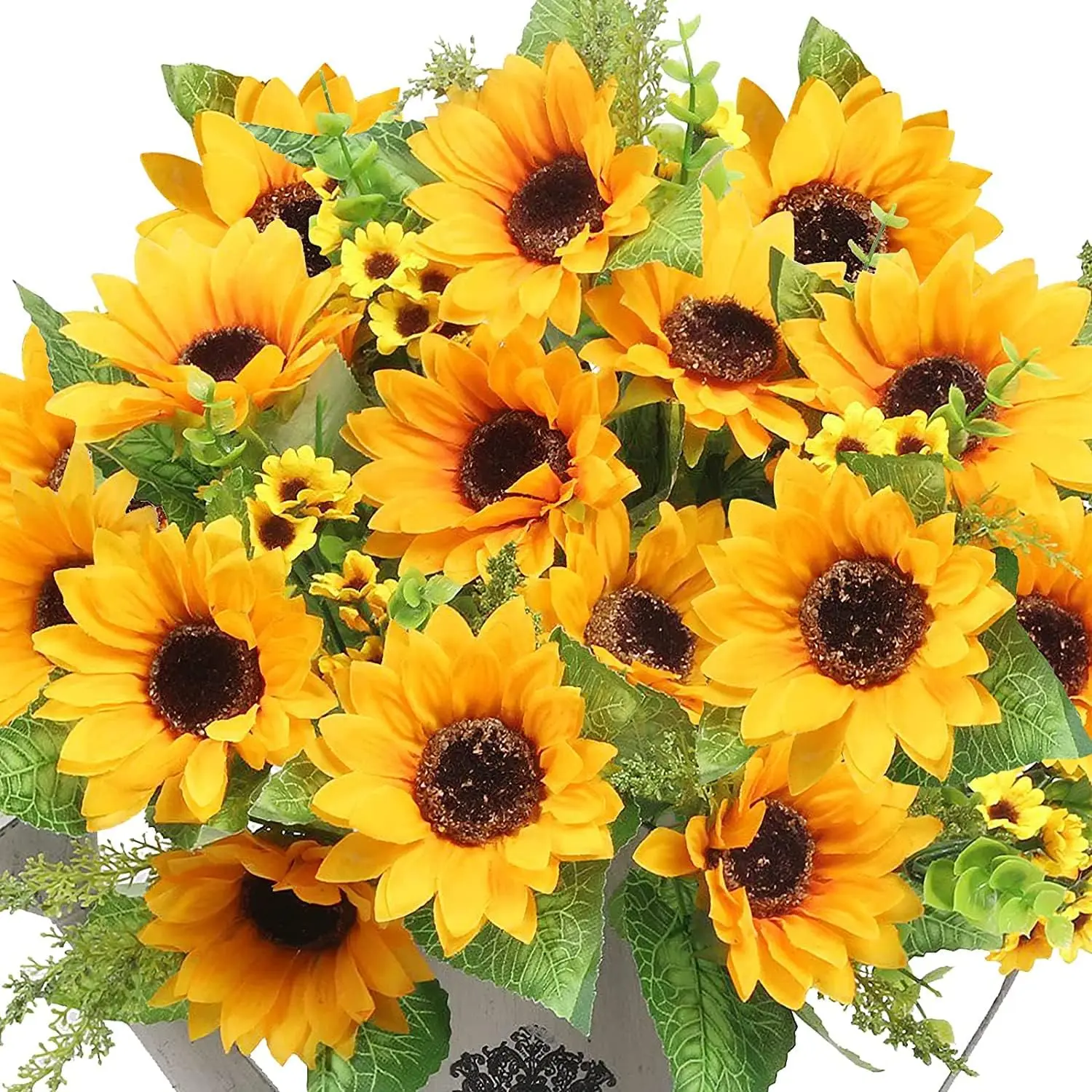 UV-Resistant Artificial Sunflower Bouquets - 2 Bunches Silk Flowers with 14 Large Blooms for Outdoor Garden, Home Wedding Fall Decor, Party Centerpieces