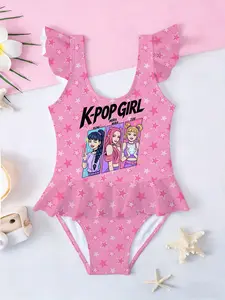 K-POP GIRL Cartoon Kids Girls One-Piece Swimsuit, Pink Starry Print Ruffle Beach Swimwear, Best Gift for Birthday & Back to School