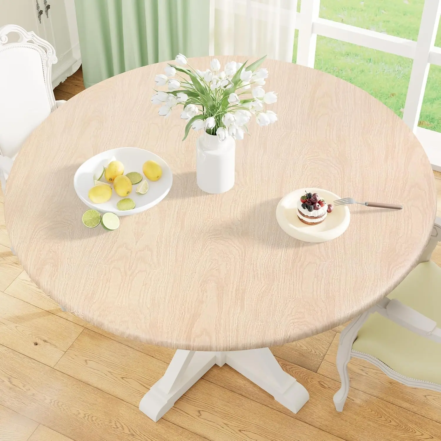 1pc Round Wood Grain Washable Table Cover Protector, Vinyl Waterproof Oil-Resistant Easy-Clean, Non-Slip Tablecloth, Elastic Backing, Indoor Outdoor Use