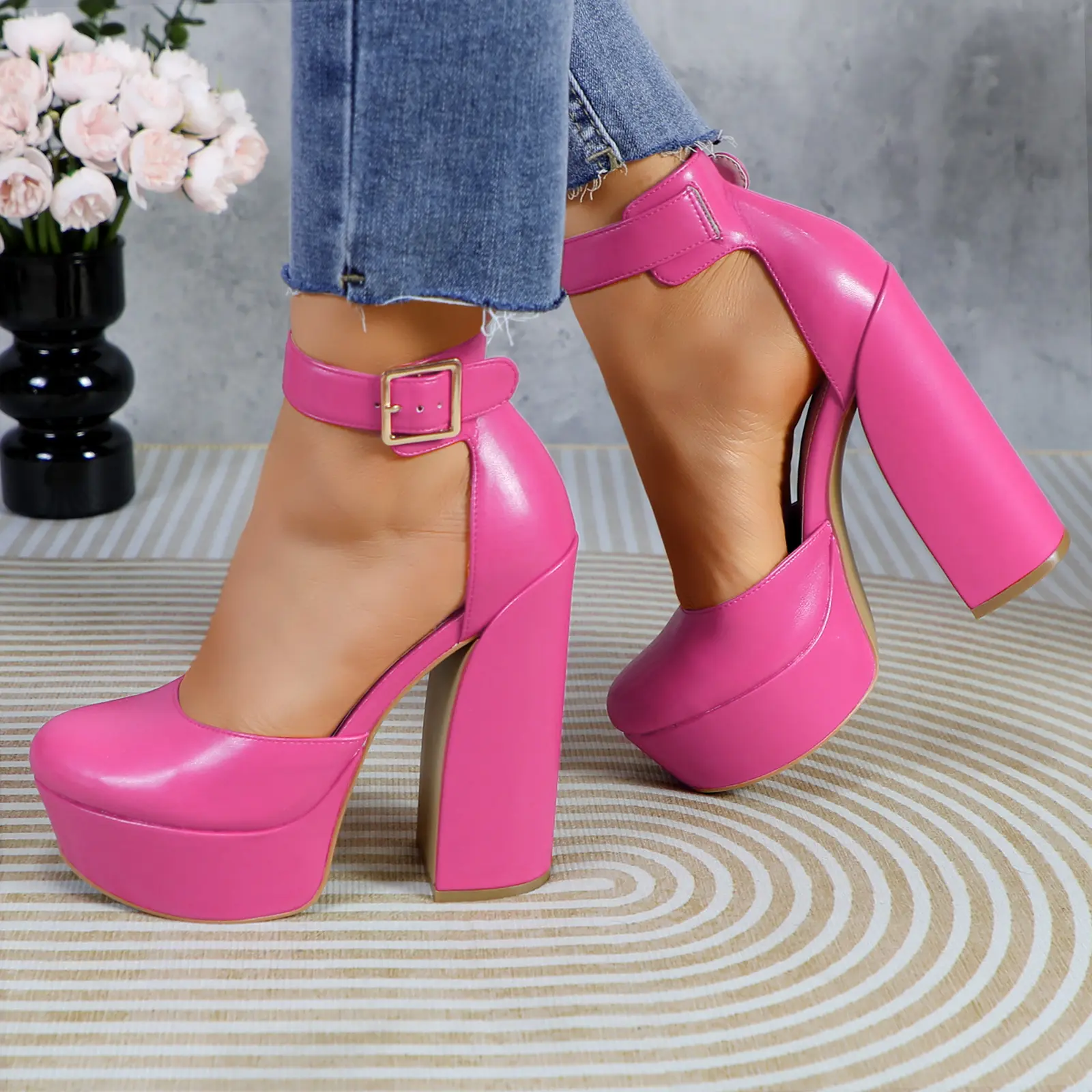 Women's Platform Pumps High Heels PU Leather 5.51-inch Chunky Block Heel Closed Round Toe Ankle Strap Elegant Dress Shoes Fashion Heeled Girl Comfortable Casual Footwear for Wedding Party Prom Evening XQX