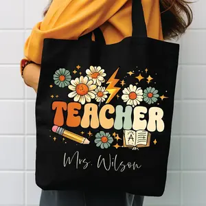 Personalized Flower Teacher Tote Bag, Custom Name Teacher Gift Bag, Floral Classroom Tote, Back to School Teacher Appreciation Gift, Perfect Gift For Teacher