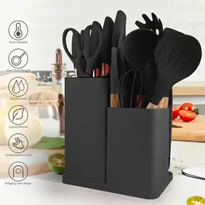 Little Kitchen Utensils Set Silicone Gel Tools WithWooden Handle, Set of 19 Pieces For Home CooksNonstick Spatulas Stirring. Ladle Scraper Spoon Black funky kitchen supplies