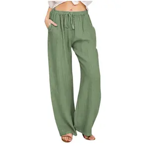 Spring/Summer 2025 New Women’s Linen Long Casual Loose Wide-Leg Pants with Elastic Waist