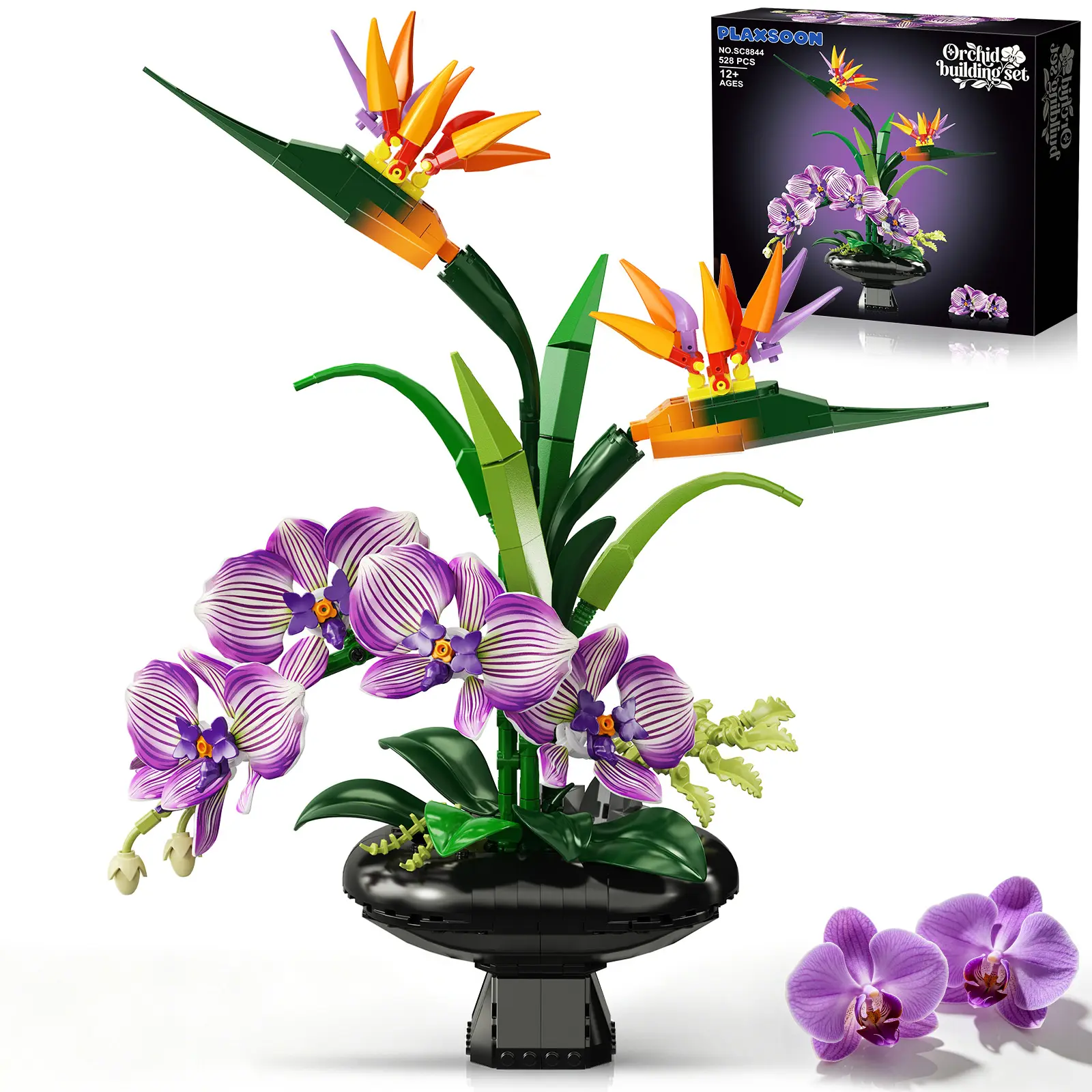 PLAXSOON Orchid Flowers Building Set for Adults, Botanical Collection Kit | Bird of Paradise & Orchid Botanical Collection with Vase, Artificial Flower Home Office Decor, Gift for Her Women (528 PCS)