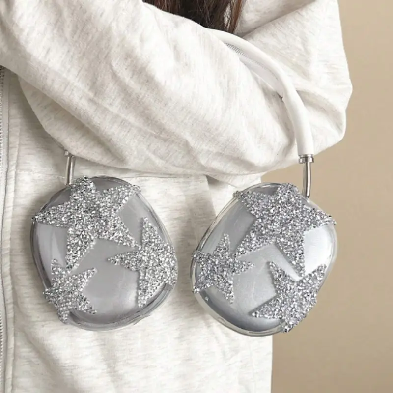 3D Star Rhinestone AirPods Max Case, Apple Over-Ear Earphone Cover, Decorative Star Embellishments, Anti-Drop Smile Design, Durable Protective Case for AirPods Max, No Headphones Included