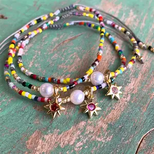 Mini Seed Bead Adjustable Bracelet with Multicolor Japanese Beads Pearl Accent Gold Star or Cubic Zirconia Heart Charm
