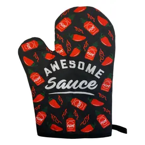 Awesome Sauce Oven Mitt Funny Hot Sauce Peppers Graphic Novelty Kitchen Glove Funny Graphic Kitchenware Bakeware Funny Food  Novelty Cookware Black