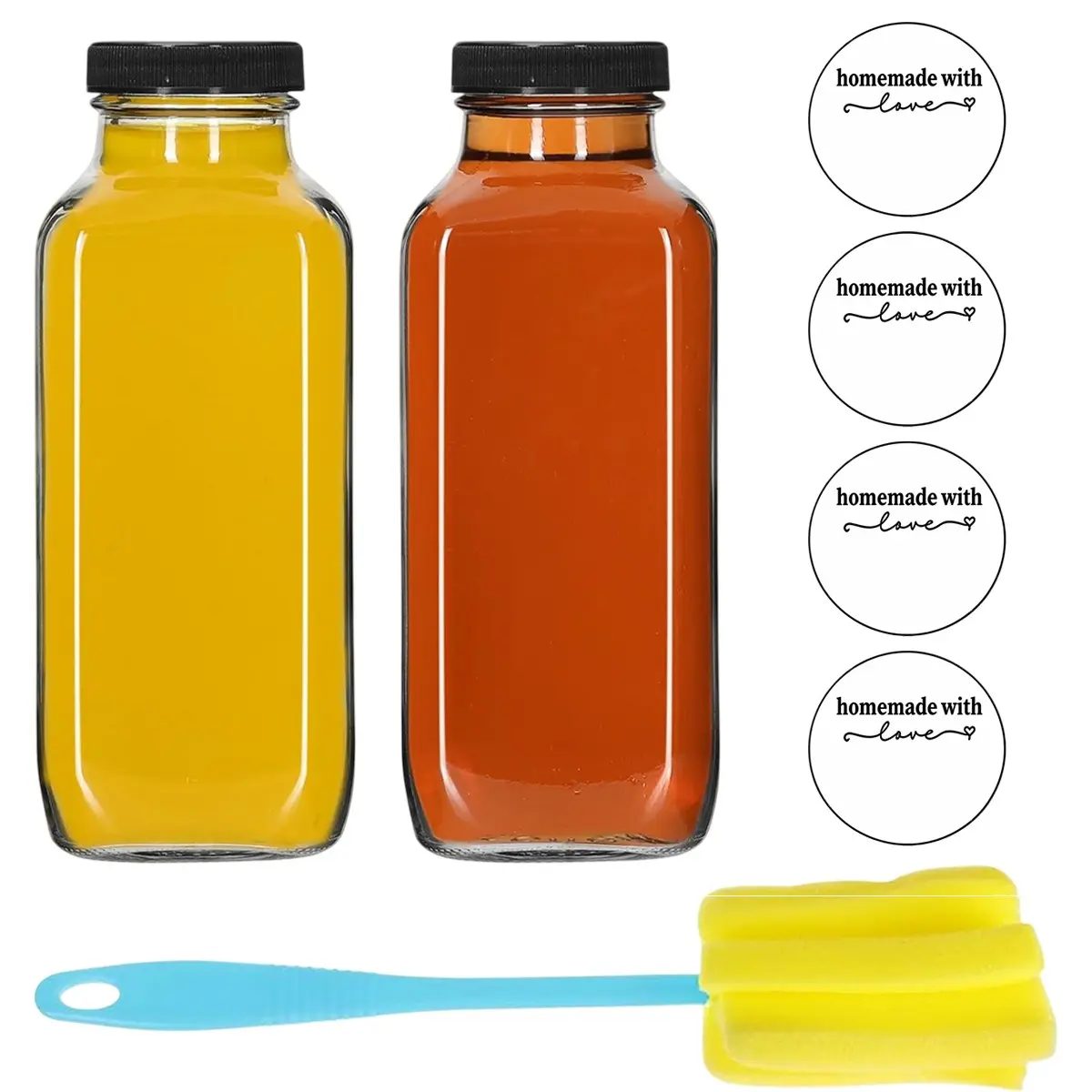 Glass Bottles with Lids, 2/4/6/8/12 pcs 480ml Reusable Portable Wide Mouth Clear Glass Juice Bottles for Milk, Hot Cold Drinks, Homemade Beverages, Drink Containers