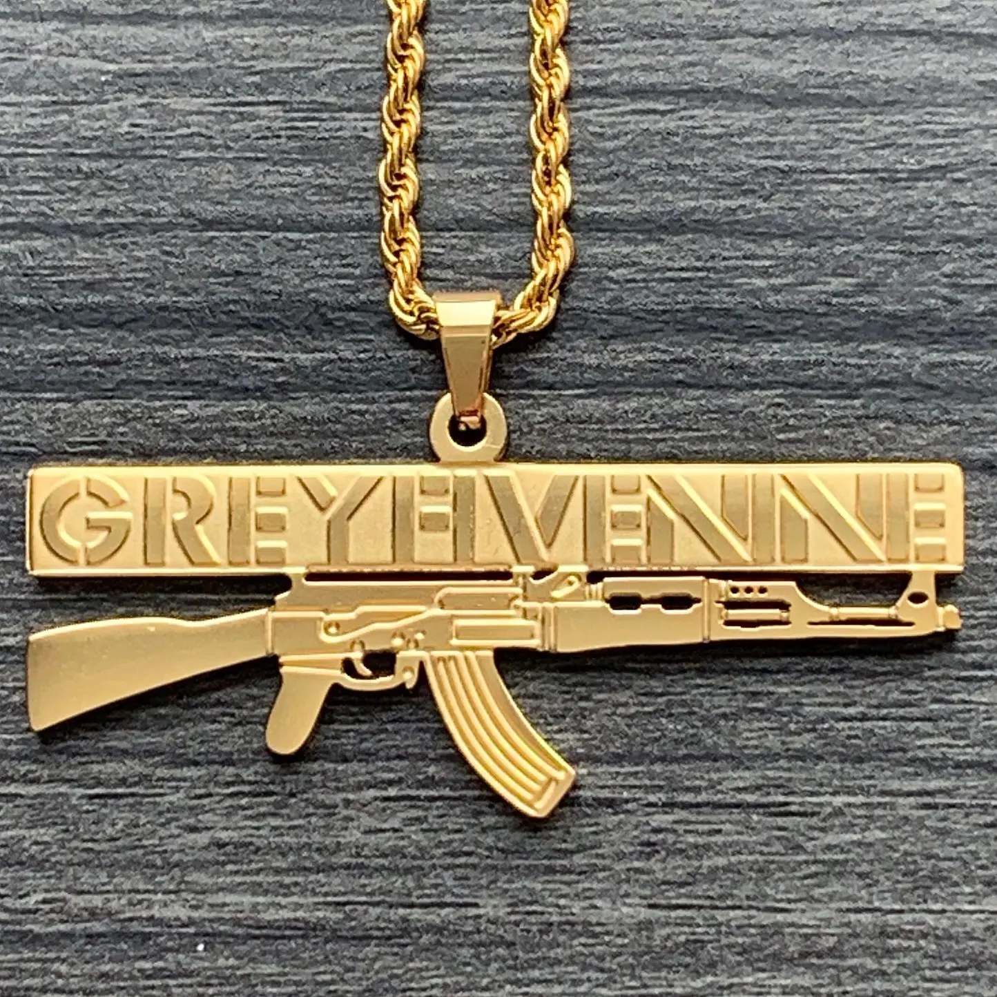 GREYFIVENINE AK-47 Necklace 1.5" Gold Plated Etched & Polished Stainless Steel G59 GREY59 Pendant Hypoallergenic Rust Resistant with Choice of Chain Suicideboys Free Gift Included