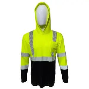 HiVis Safety Reflective High Visibility Long Sleeve Shirt with Hoodie - Heat Pressed Strip- No Stitching- Men Construction Work Shirts ANSI Class 3 - ST18