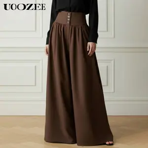 UOOZEE Women's 2026 Spring Autumn High Waist Pleated Wide Leg Pockets Pants, Year-Round Solid Color Buttoned Loose Casual Daily Simple Trousers Elegant Office Commute Bottoms(Sizing Runs Small - Check Size Guide or Order Larger)