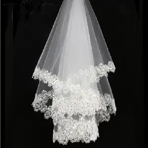 White Sequins Edge Tulle Bridal Wedding Veils One Tier Beaded 120cm Bride Accessory 2024