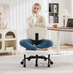 [memorialday] EBELLO Ergonomic Cross Legged Chair, 360° Swivel Meditation Chair with Wheels, Height Adjustable Seat, Strong Lumbar Support, Chic Home Office Furniture