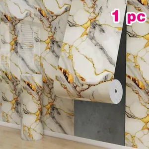1 Roll 15.7x118 Inches Faux Marble Gold Vein 3D Tile Stickers, Self-Adhesive Oil-Proof Waterproof Marble Backsplash Wallpaper, Wall Renovation Decals, Luxury Gold Texture 3D Embossed, Peel and Stick Easy Clean Removable