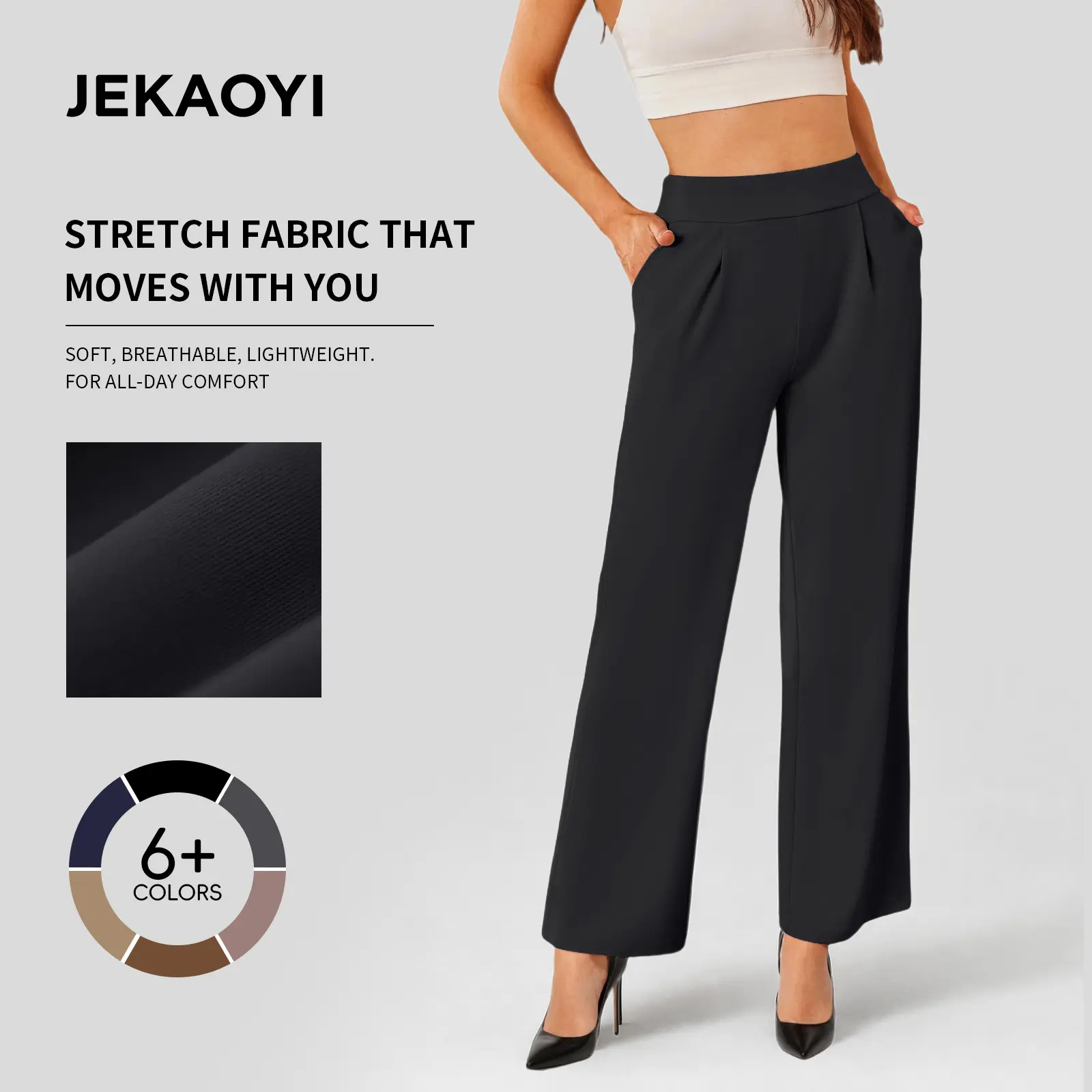 JEKAOYI 2026 Womens Wide Leg Dress Pants High Waist Stretchy Business Work Office Slacks Casual Pants with Side Pockets Formal High Waisted