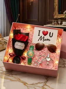 Mother's Day Women's Watch 4-Piece Gift Set, Luxury Rose Gold Green Leather Skeleton Mechanical Watch, Diamond Bezel & Roman Numerals, With Rose, Glasses & Perfume, Ideal Gift For Mom